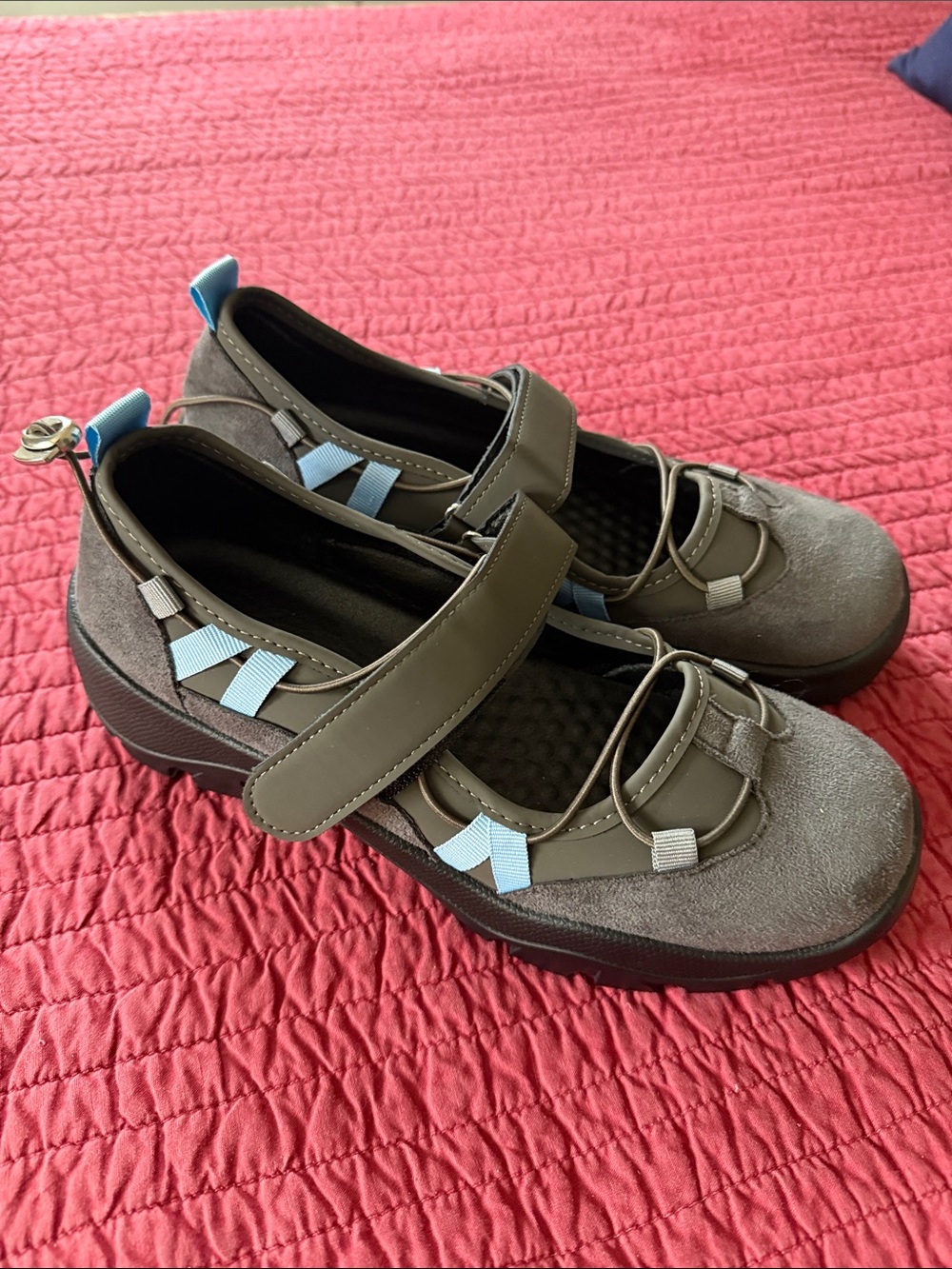 Olive Mary Jane Flats with Light Blue Accent Tabs